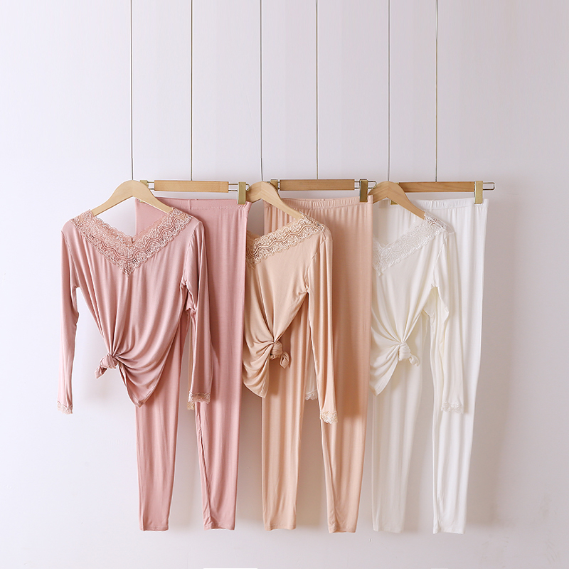 秋冬莫代尔蕾丝花边V领长袖打底