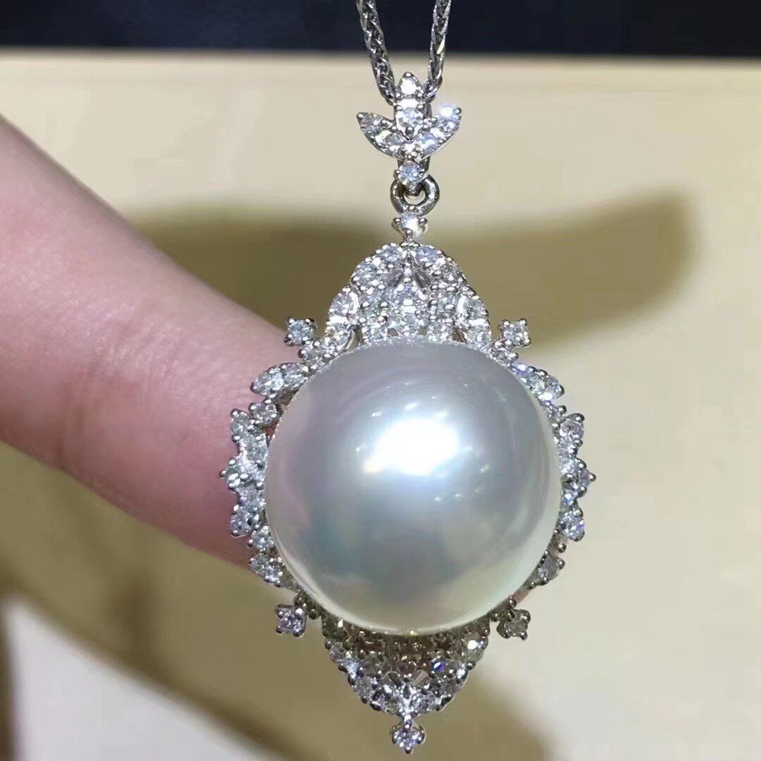 18K金配南非钻石镶女款13-14mm天然澳洲白珠海水珍珠吊坠真金真钻