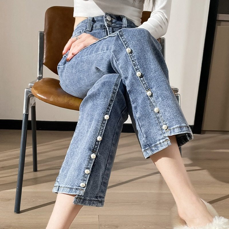 开叉牛仔裤女装2023夏季薄款新款高腰九分小个子直筒微喇叭裤子