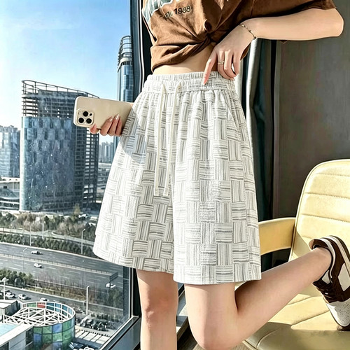 冰丝休闲裤女夏季薄高腰宽松直筒运动短裤显瘦扎染五分裤时尚潮流