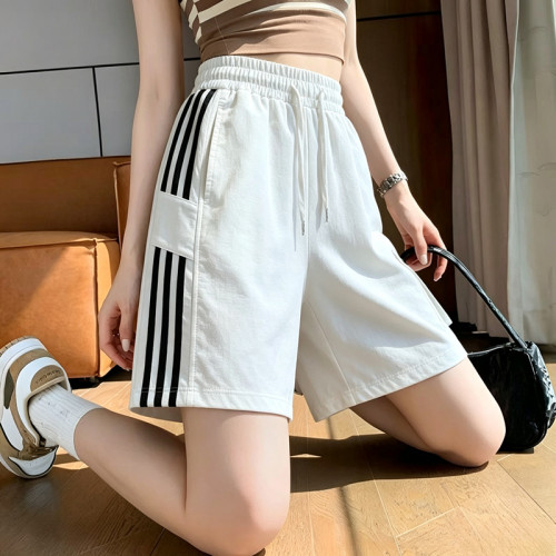 冰丝运动短裤女裤子夏季薄款潮流宽松休闲裤三条杠条纹直筒五分裤