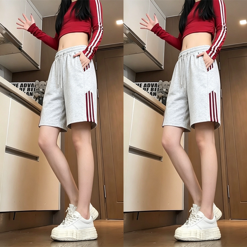 运动短裤子女夏季薄款宽松休闲裤大码显瘦潮流条纹拼接直筒五分裤