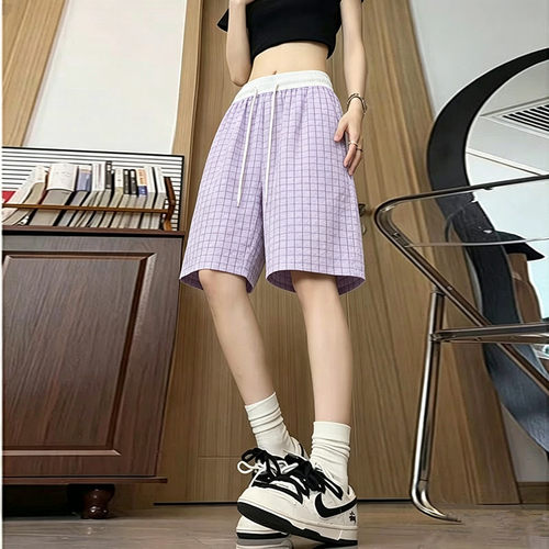 格纹五分裤女夏季薄款显瘦宽松直筒中裤百搭休闲裤泡泡纱运动短裤