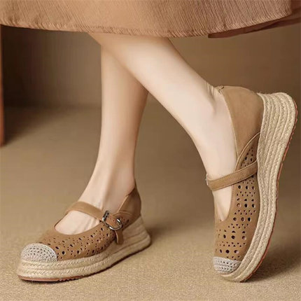 2026春夏新款隐形内增高7厘米 真皮镂空编织底一字扣浅口单鞋B815