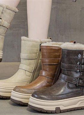 2026冬季新款隐形内增高8厘米 真皮厚底皮带扣短筒保暖雪地靴B627