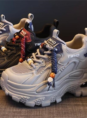 2026秋季新款隐形内增高10厘米真皮拼网纱厚底系带老爹休闲鞋B316