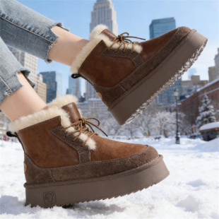 2026冬新款 真皮厚底系带保暖短筒坡跟雪地靴B672 隐形内增高8厘米