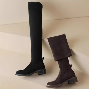 2026春冬新款隐形内增高7厘米 鹿皮绒粗跟圆头加绒过膝时装靴B709