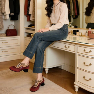 2026春季新款隐形内增高5厘米 真皮粗跟拼色系带皮鞋时尚单鞋B837