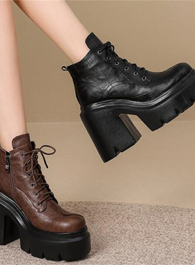 2026秋冬新款隐形内增高14厘米真皮粗跟防水台系带短筒时装靴B397