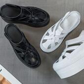 新隐形内增高11厘米头层牛包头镂空纯色厚底坡跟韩版 罗马凉鞋 9060