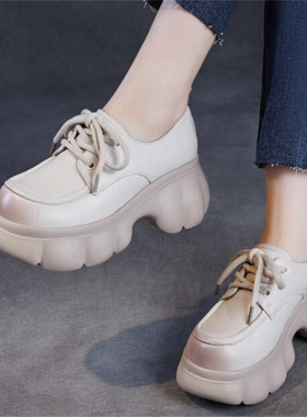 2026秋季新款隐形内增高9厘米 真皮厚底粗跟圆头系带坡跟单鞋B237