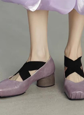 2026春夏新隐形内增高7厘米 真皮方头交叉松紧带浅口坡跟单鞋A968