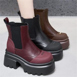 靴B587 隐形内增高12厘米真皮防撞圆头粗跟防水台时装 2026秋季 新款