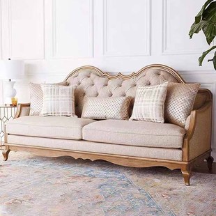 美式 中古风实木布艺拉扣休闲躺椅客厅法式 复古高档单双三人位沙发