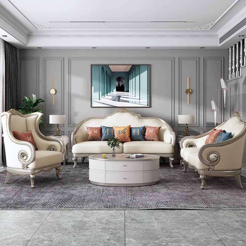 美式乡村轻奢实木雕花皮艺沙发法式极简简约奢华现代整装123组合