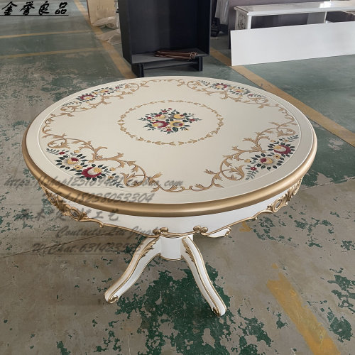 法式奶油风圆形餐桌家用白色欧式彩绘小户型简约圆桌美式饭桌椅
