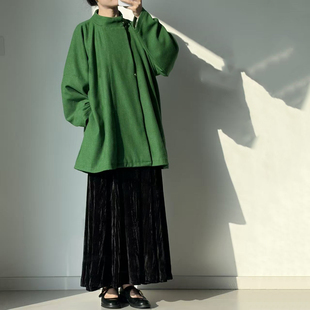 原创汉服女汉元 松绿 素改良羊毛唐圆领袄日常通勤 盈香 暗袖