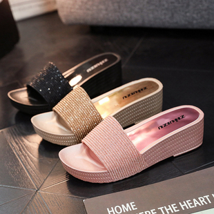 室内防滑居家用松糕高跟塑料女士坡跟凉拖 夏季 时尚 女外穿厚底拖鞋