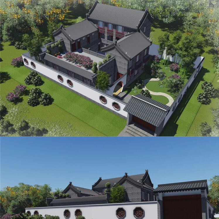 中式合院别墅四合院建筑庭院入户大门围墙影壁照壁草图大师su模型
