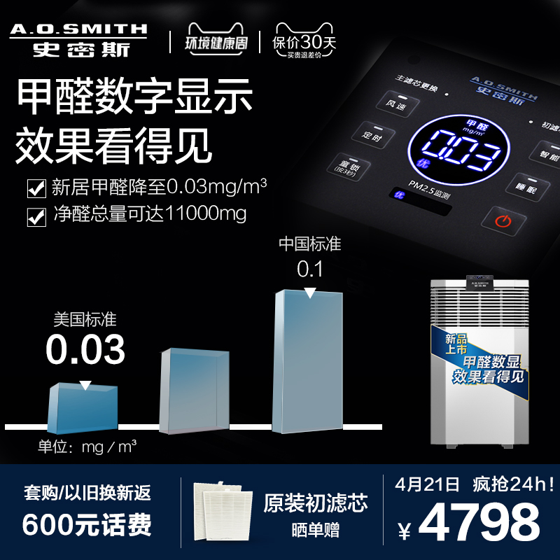[A.O.史密斯南京专卖店空气净化,氧吧]AO史密斯 家用除雾霾 PM2.5 月销量7件仅售4998元