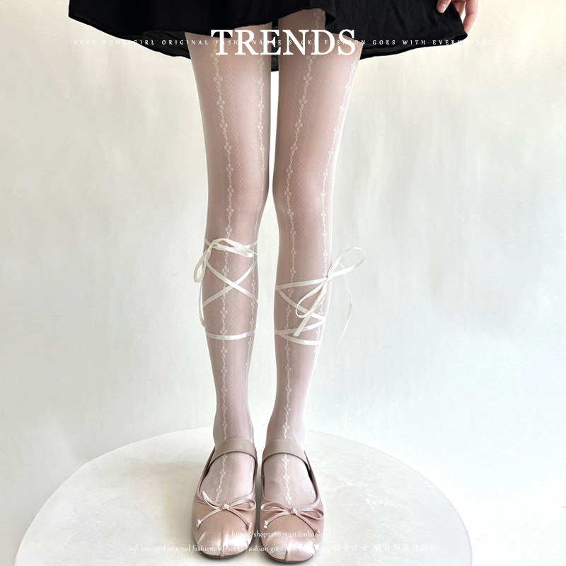 芭蕾风~甜度满分！纯欲绑带四叶草提花丝袜奶白色少女美腿打底袜,女士内衣/男士内衣/家居服,连裤袜/打底袜,淘宝优惠券,粉丝福利购,淘宝优惠卷