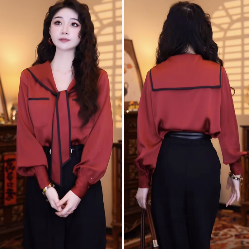 复古港风高级感衬衣女红色上衣