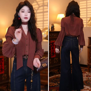 女长袖 复古港风春夏chic潮别致上衣薄款 法式 飘带格子衬衫 漂亮小衫