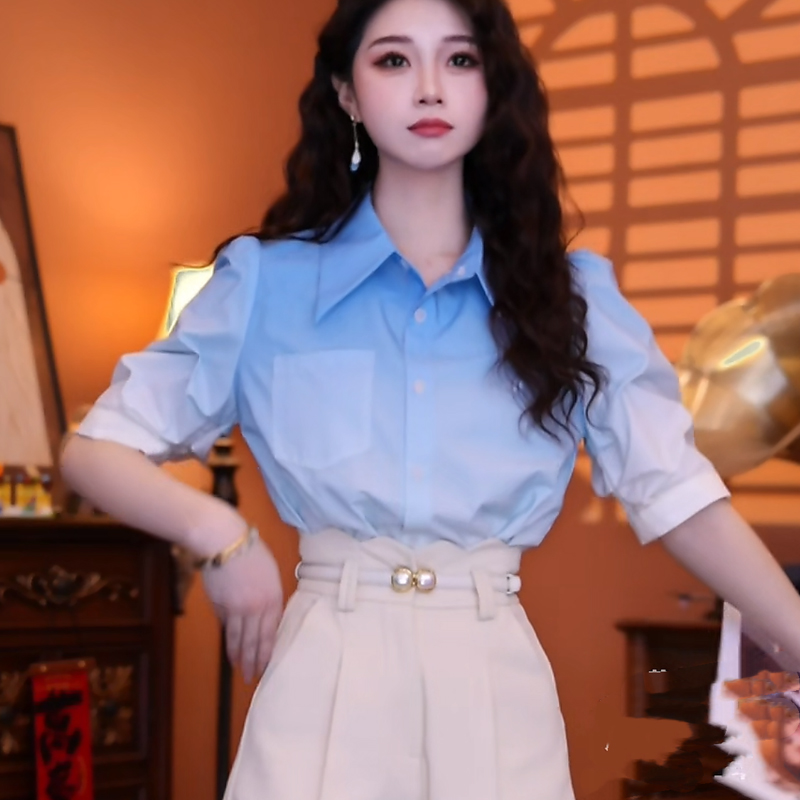 復(fù)古港風(fēng)夏chic潮漸變色短袖襯衫女法式別致寬松上衣獨(dú)特漂亮襯衣