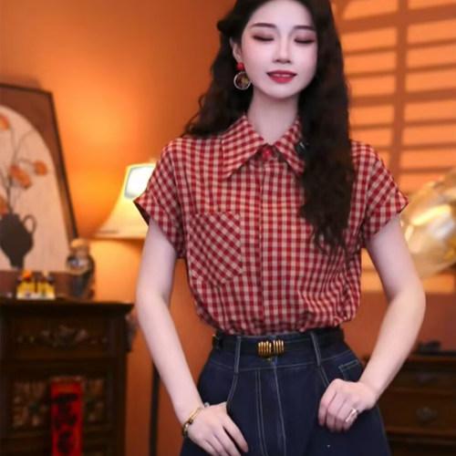 怀旧复古港风衬衫女短袖格子上衣