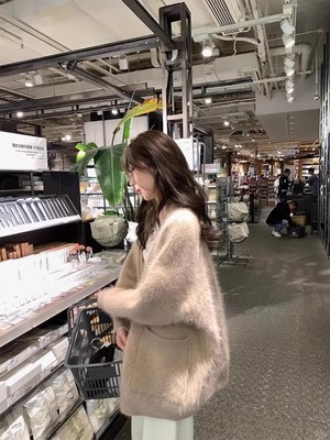 仿貂绒开衫V领外套复古