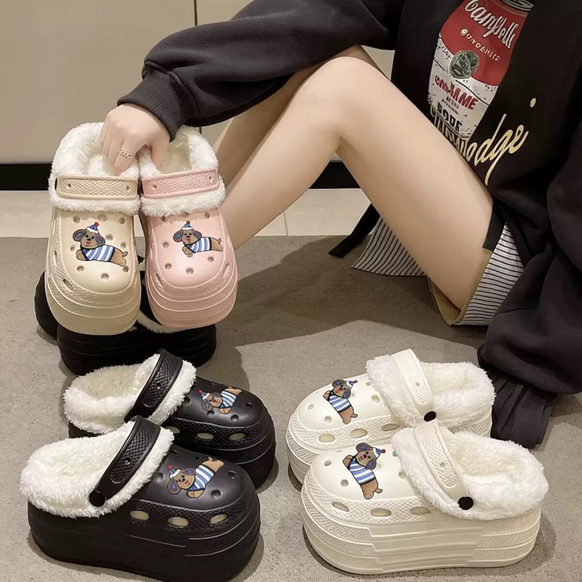9公分加绒包头保暖洞洞鞋女增高