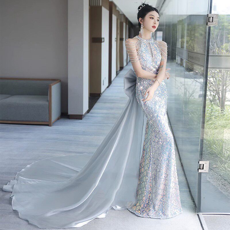 晚礼服女高端轻奢宴会主持人拖尾婚纱鱼尾性感挂脖长款高定连衣裙