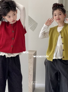 wooso童装2025秋新款女童针织马甲儿童洋气背心+打底衫两件套9975