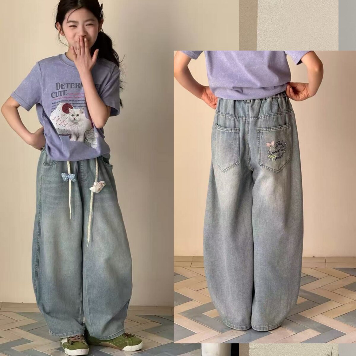 女中大童夏季超薄弯刀牛仔阔腿裤图片