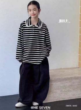 己又合童装2025秋季新款女童韩版休闲条纹花边翻领长袖T恤78078