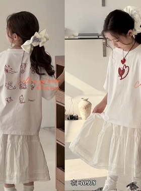 叫我格格童装2025夏款儿童爱心印花休闲短袖T恤女童白色t10978