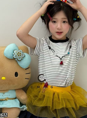 叫我格格童装夏季2026女童新款立体装饰圆领条纹串珠短袖T恤82612