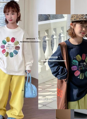 布芮欧童装春季2026新款女童圆领长袖T恤宽松马卡龙印花上衣75055