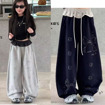 品牌童装2025秋新款中大童休闲百搭蝴蝶结印花直筒阔腿裤女童9888