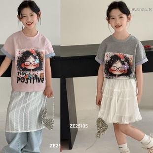 T恤25105 儿童时髦洋气高级感印花圆领短袖 嗨大E小E童装 2025夏新款