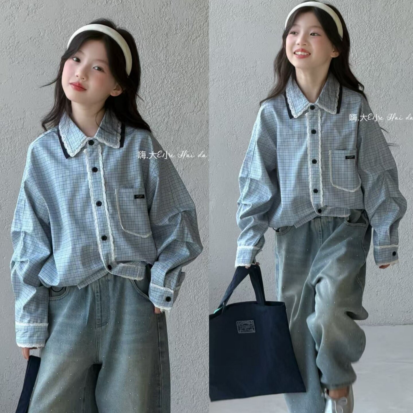 嗨大E小e女童秋季韩系格子衬衫图片