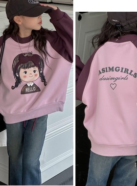 牛哆哆女童装2023冬新款韩版一体绒印花卡通卫衣圆领套头衫53116