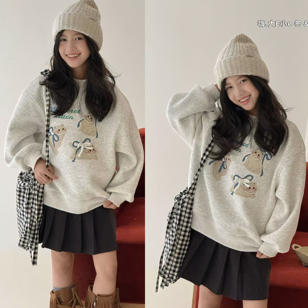 女童韩版可爱小猫蝴蝶结加绒卫衣