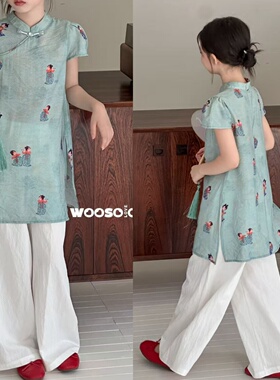 Wooso吾束童装新中式国风套装2025夏款改良旗袍阔腿裤两件套99372