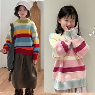 U+童装2026秋冬新款女童多巴胺风彩色条纹毛衣儿童套头针织衫3579