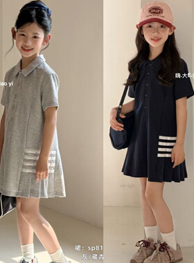 嗨大E小e女童夏季学院风POLO领连衣裙2026夏款中大童百褶裙8103