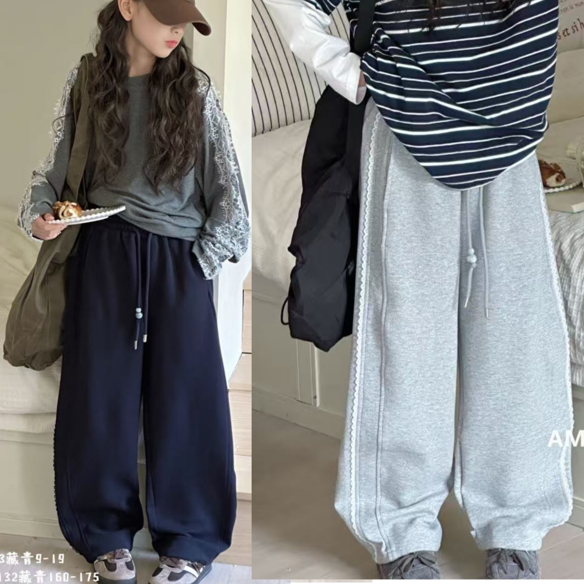 爱木橦裤子2025秋新款女童洋气弯刀裤中大童花边休闲阔腿卫裤7753