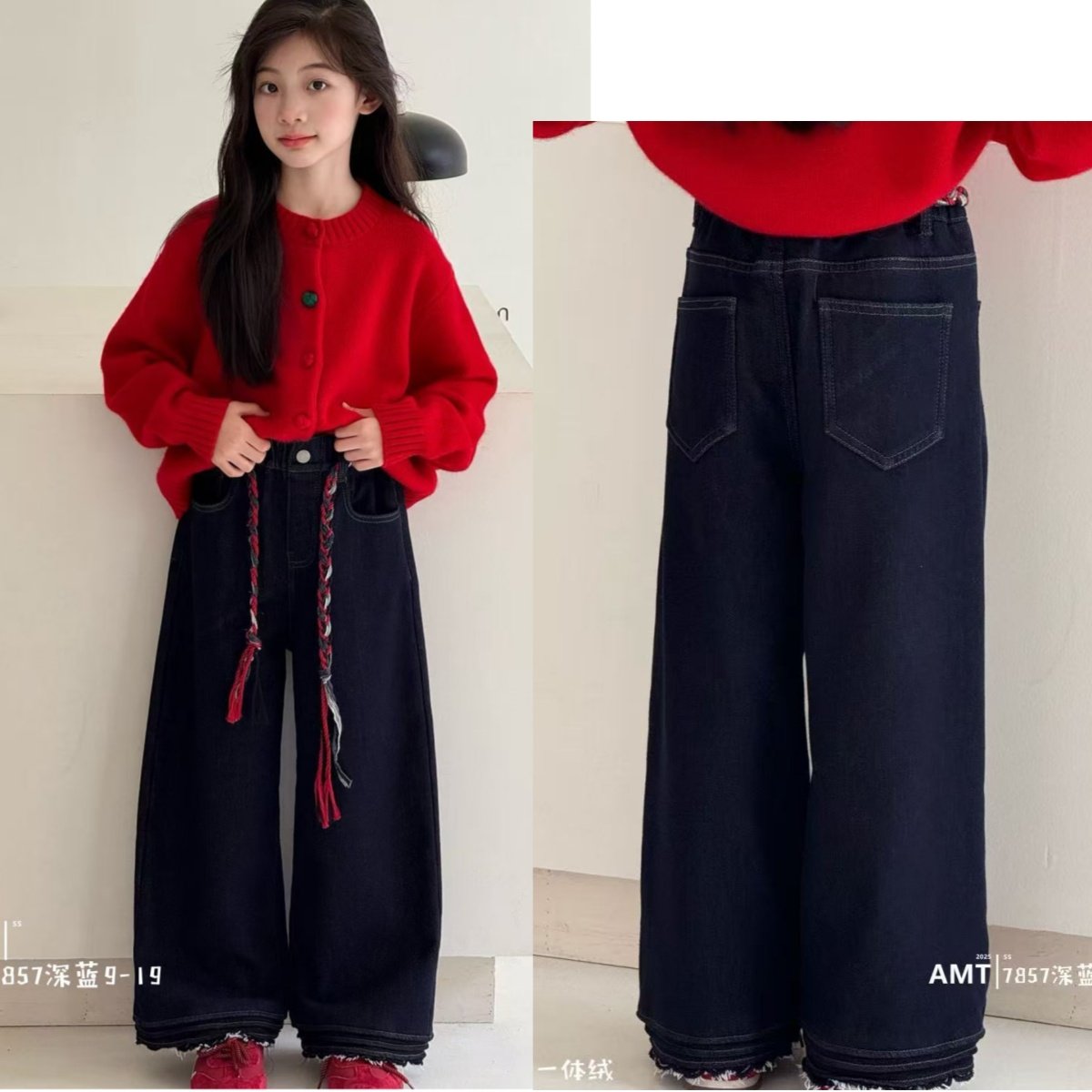 爱木橦女童加厚一体绒直筒牛仔裤