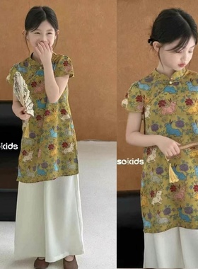 Wooso吾束女童国风套装2025夏新款儿童新中式旗袍上衣阔腿裤99501